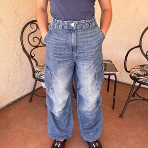 Men's Blue Washed Cargo Jeans - Classic Relaxed Fit